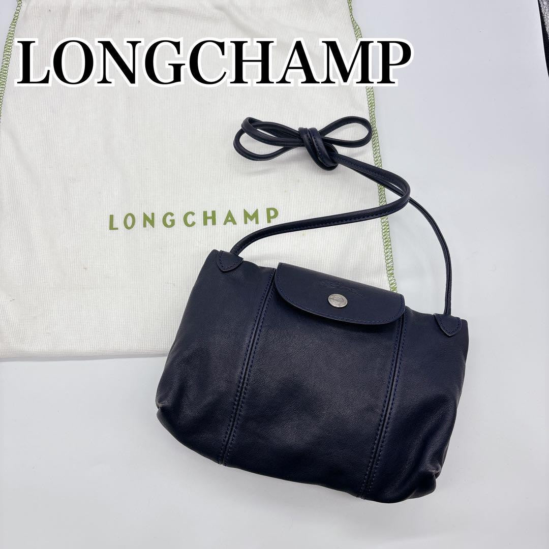 Longchamp Shoulder Bag Purse Le Pliage Leather Navy Authentic