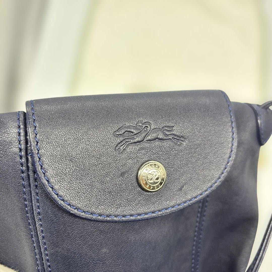 Longchamp Shoulder Bag Purse Le Pliage Leather Navy Authentic