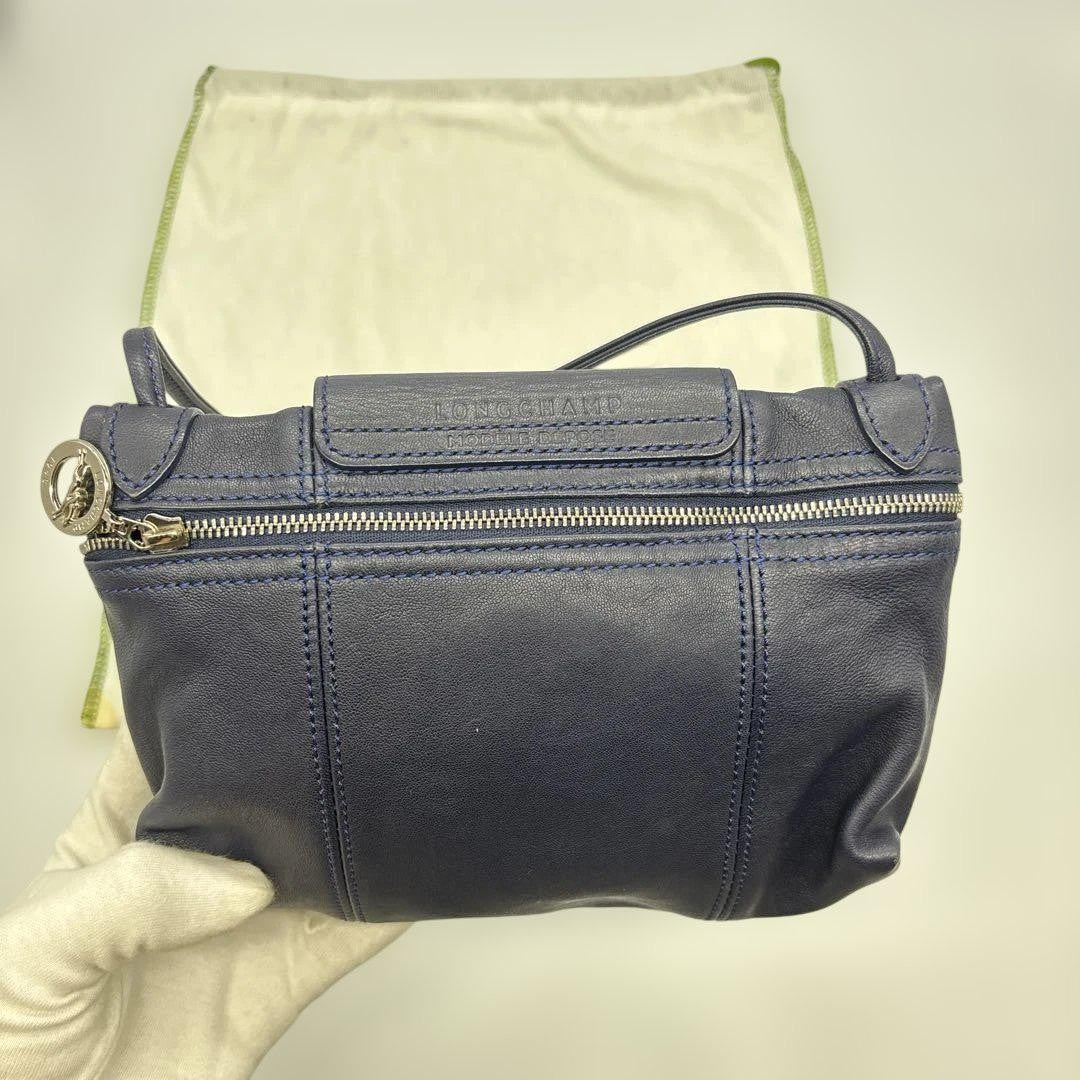 Longchamp Shoulder Bag Purse Le Pliage Leather Navy Authentic