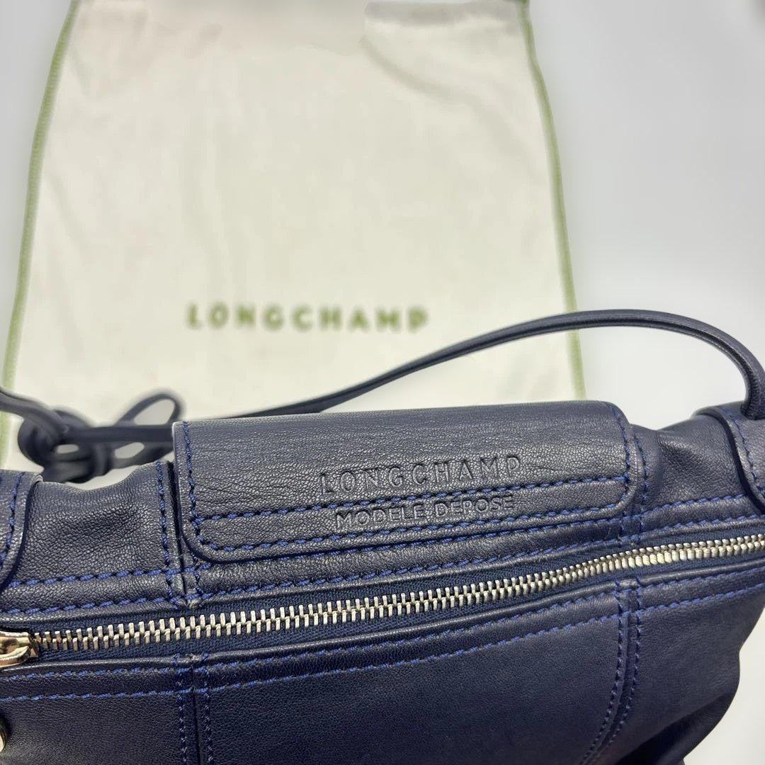 Longchamp Shoulder Bag Purse Le Pliage Leather Navy Authentic