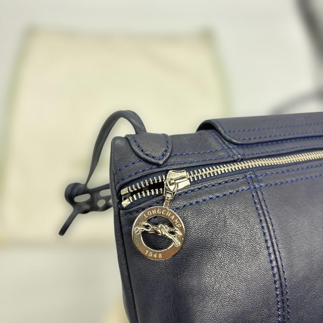 Longchamp Shoulder Bag Purse Le Pliage Leather Navy Authentic