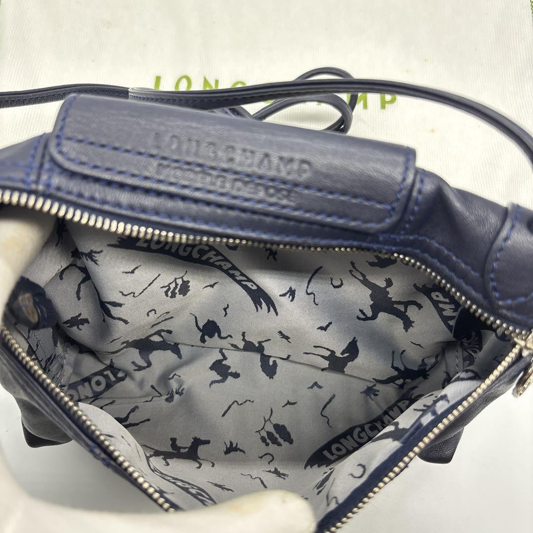 Longchamp Shoulder Bag Purse Le Pliage Leather Navy Authentic