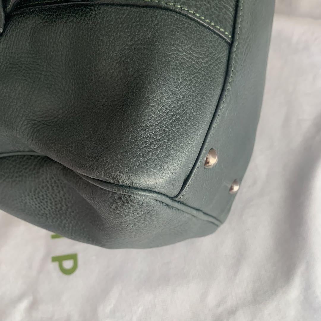 Longchamp Hand Bag Tote Purse Leather Dark Green Authentic