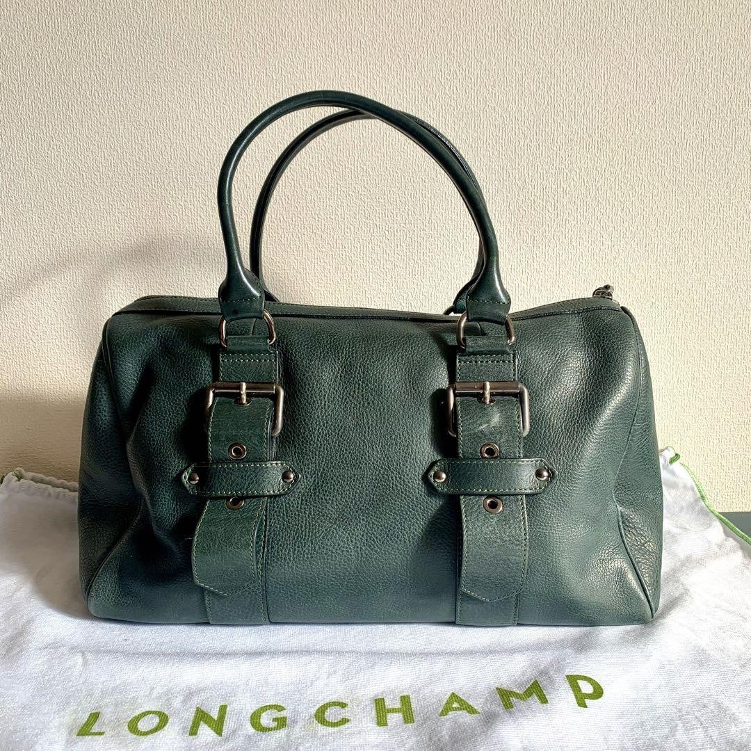 Longchamp Hand Bag Tote Purse Leather Dark Green Authentic