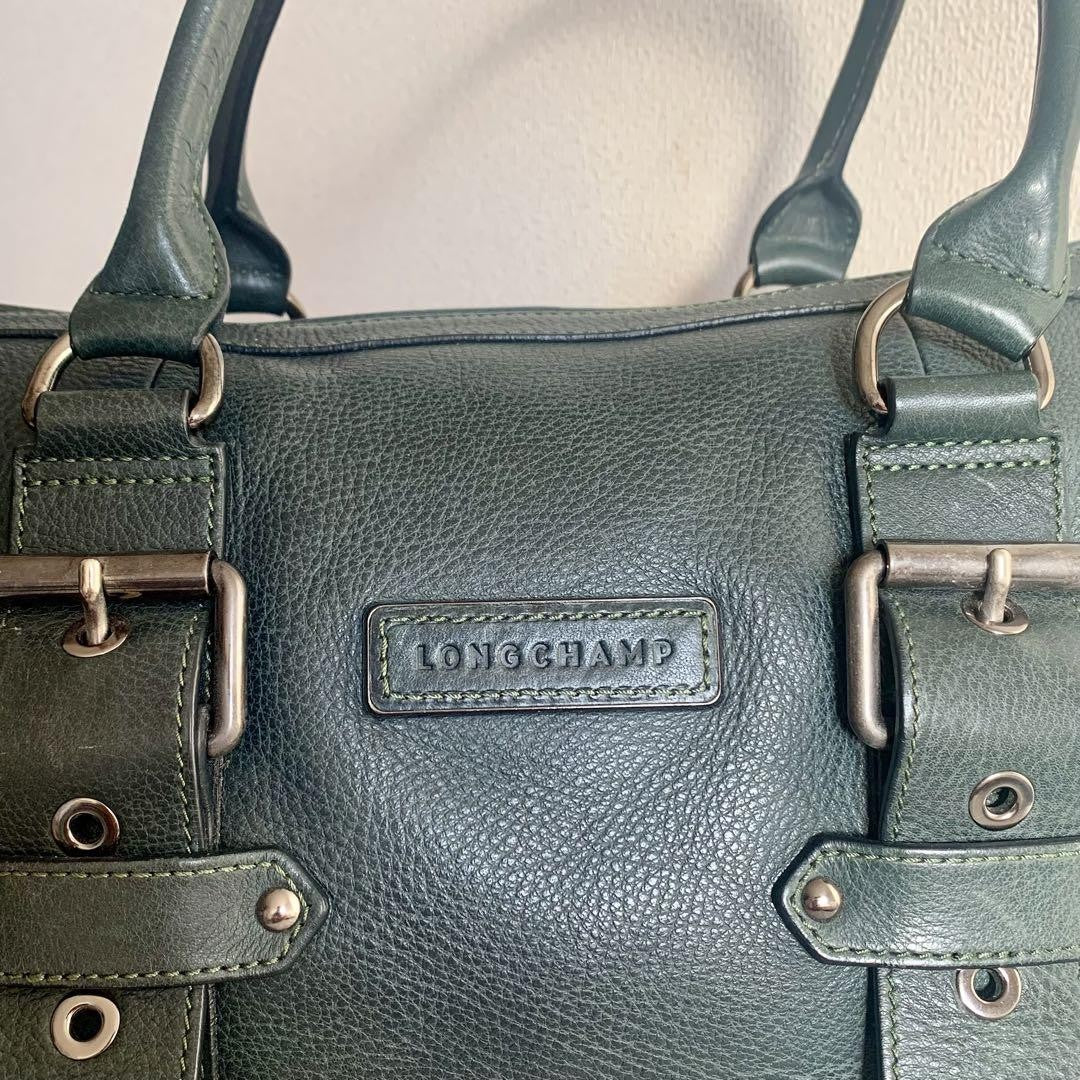 Longchamp Hand Bag Tote Purse Leather Dark Green Authentic