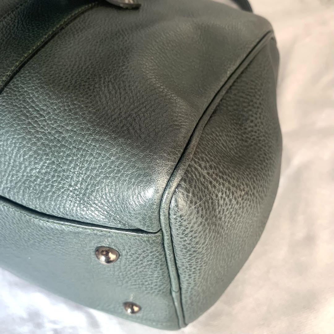 Longchamp Hand Bag Tote Purse Leather Dark Green Authentic