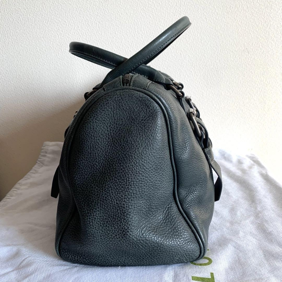 Longchamp Hand Bag Tote Purse Leather Dark Green Authentic