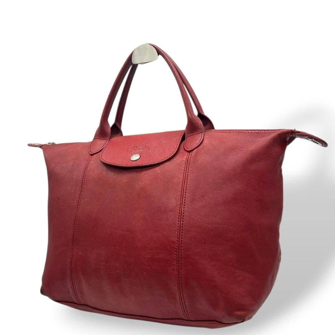Longchamp Hand Bag Tote Purse Le Pliage Leather Red Authentic