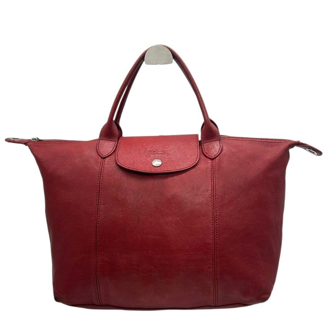 Longchamp Hand Bag Tote Purse Le Pliage Leather Red Authentic