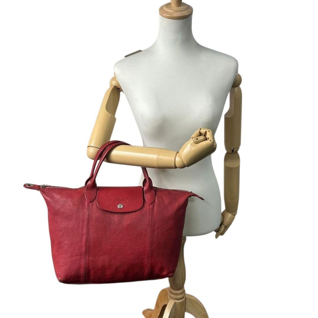 Longchamp Hand Bag Tote Purse Le Pliage Leather Red Authentic
