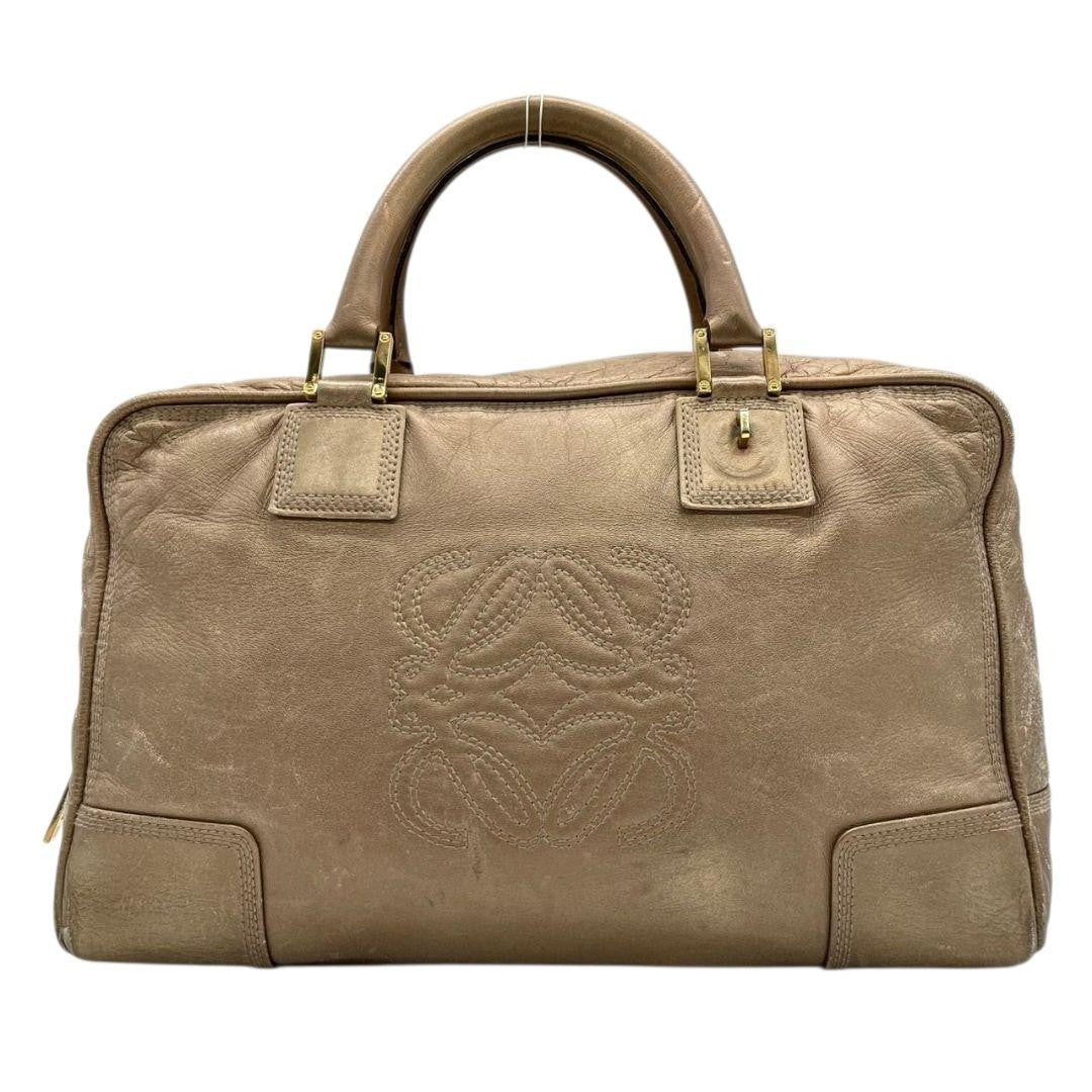 LOEWE Hand Bag Tote Purse Anagram Leather Beige Brown Authentic