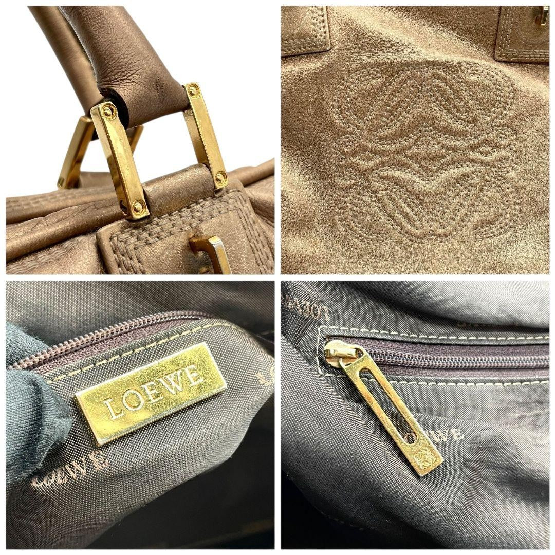 LOEWE Hand Bag Tote Purse Anagram Leather Beige Brown Authentic