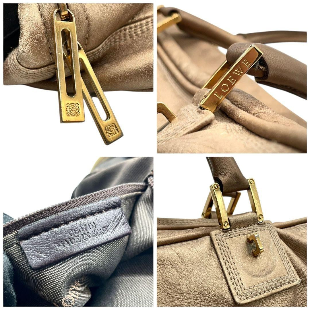 LOEWE Hand Bag Tote Purse Anagram Leather Beige Brown Authentic