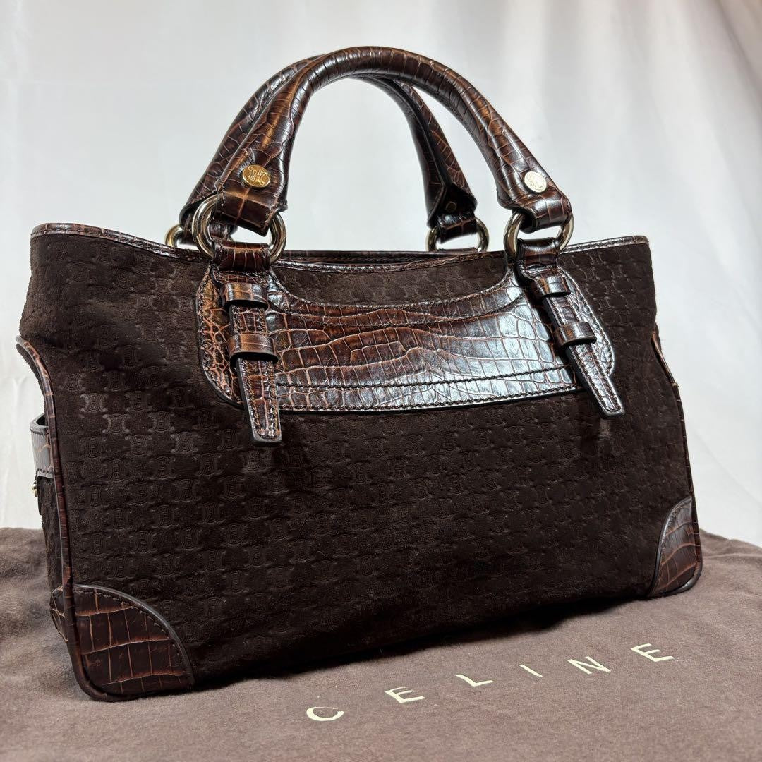 CELINE Hand Bag Tote Purse Boogie Macadam Leather Suede Brown Authentic