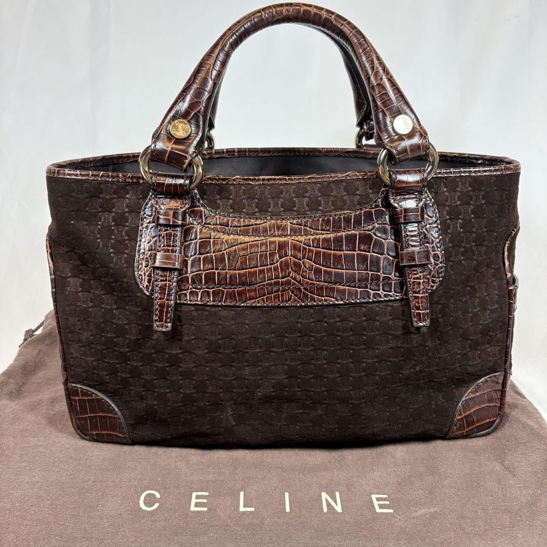 CELINE Hand Bag Tote Purse Boogie Macadam Leather Suede Brown Authentic