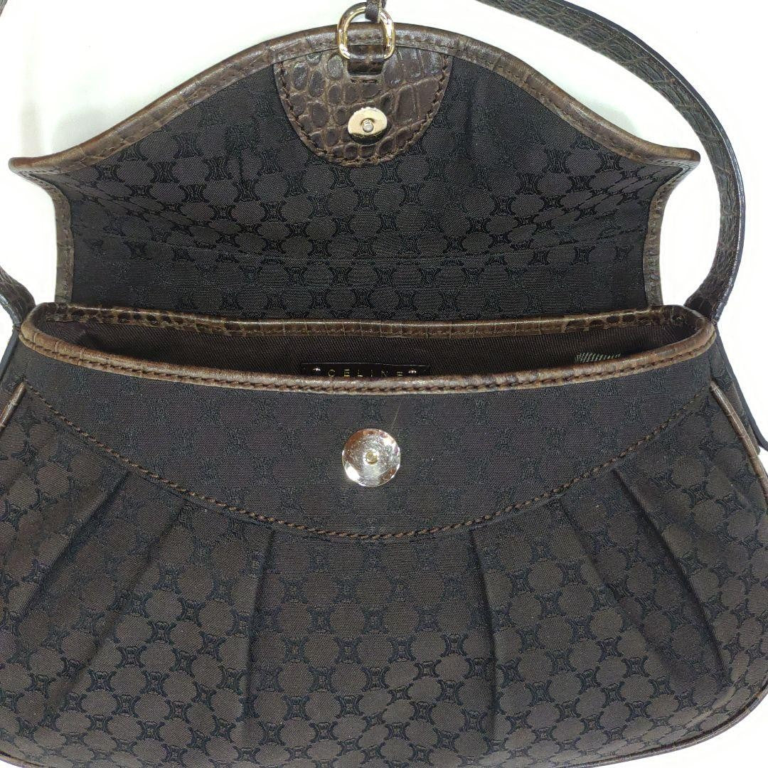 CELINE Shoulder Bag Purse Macadam Leather Canvas Brown Authentic