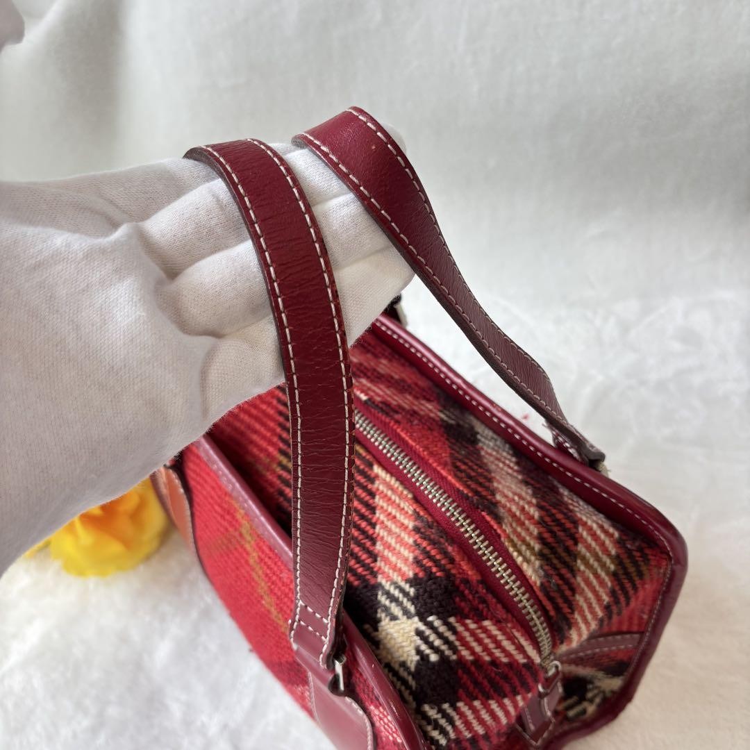 BURBERRY BLUE LABEL Hand Bag Tote Purse Nova Check Canvas Leather Red Authentic