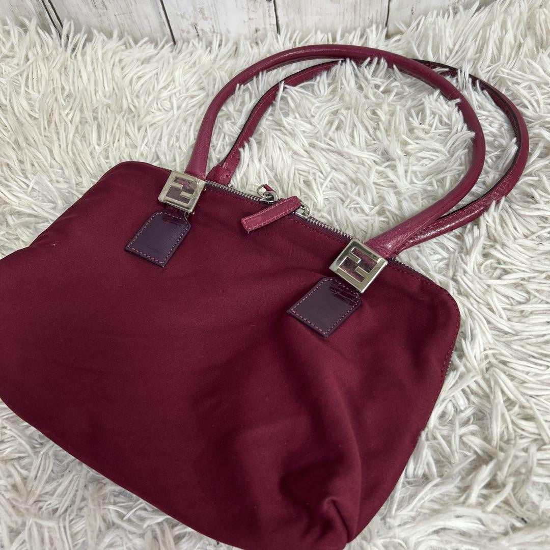 FENDI Hand Bag Tote Purse FF Baguette Leather Red Bordeaux Authentic