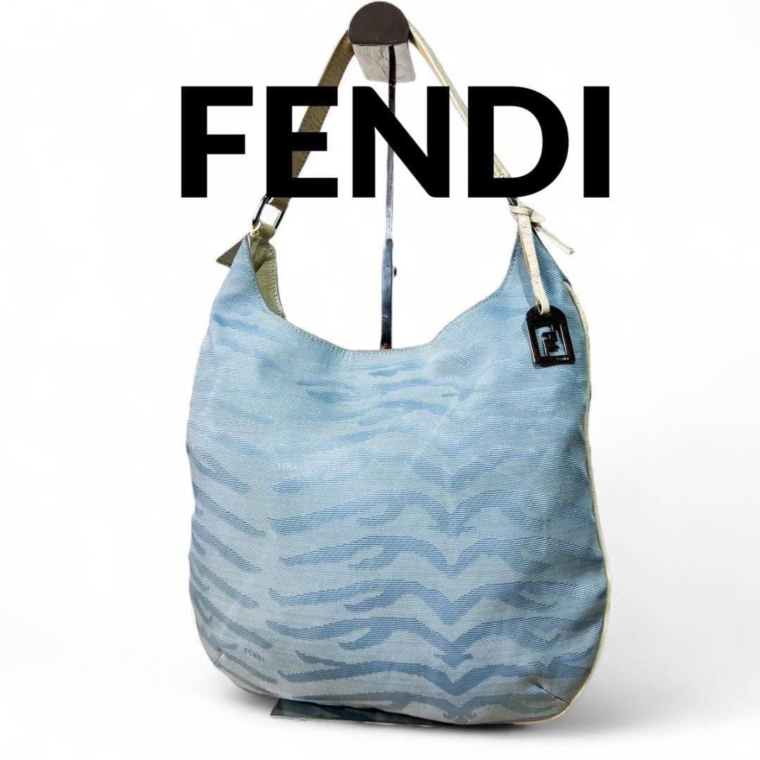 FENDI Shoulder Bag Purse Canvas Leather Light Blue Authentic