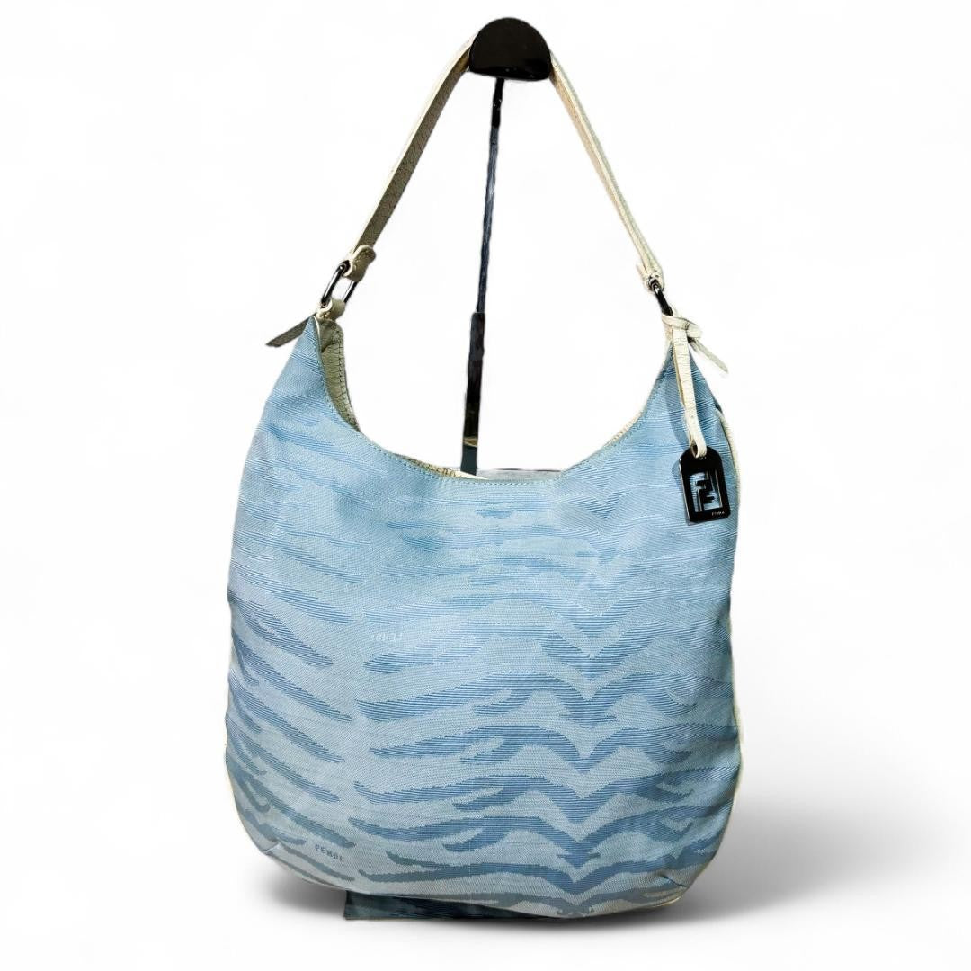 FENDI Shoulder Bag Purse Canvas Leather Light Blue Authentic