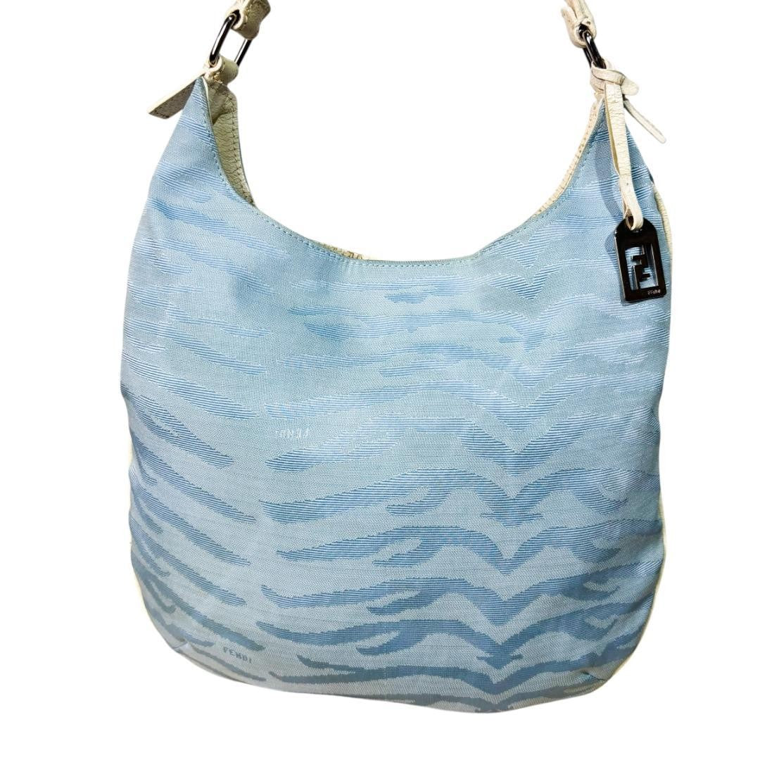 FENDI Shoulder Bag Purse Canvas Leather Light Blue Authentic