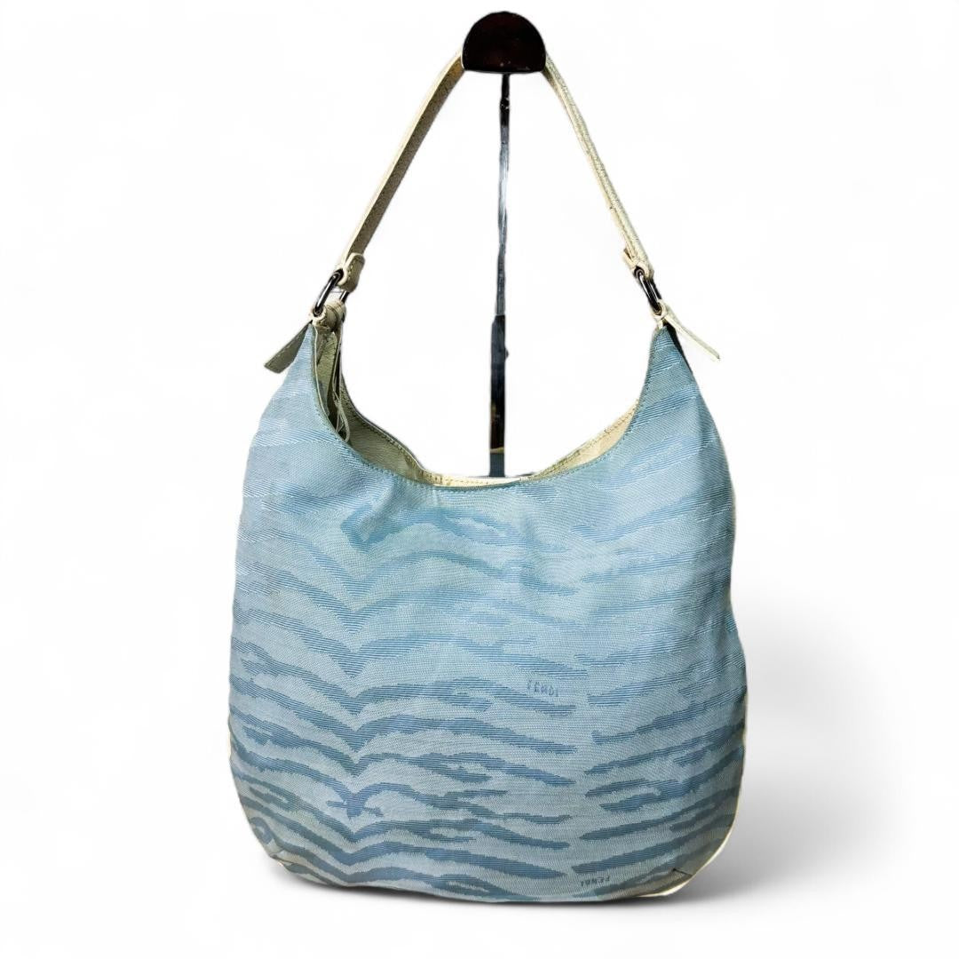 FENDI Shoulder Bag Purse Canvas Leather Light Blue Authentic