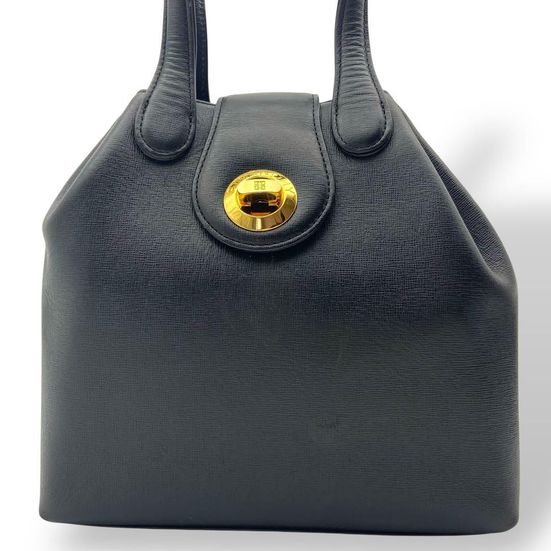 GIVENCHY Hand Bag Tote Purse Turn Lock Leather Black Authentic