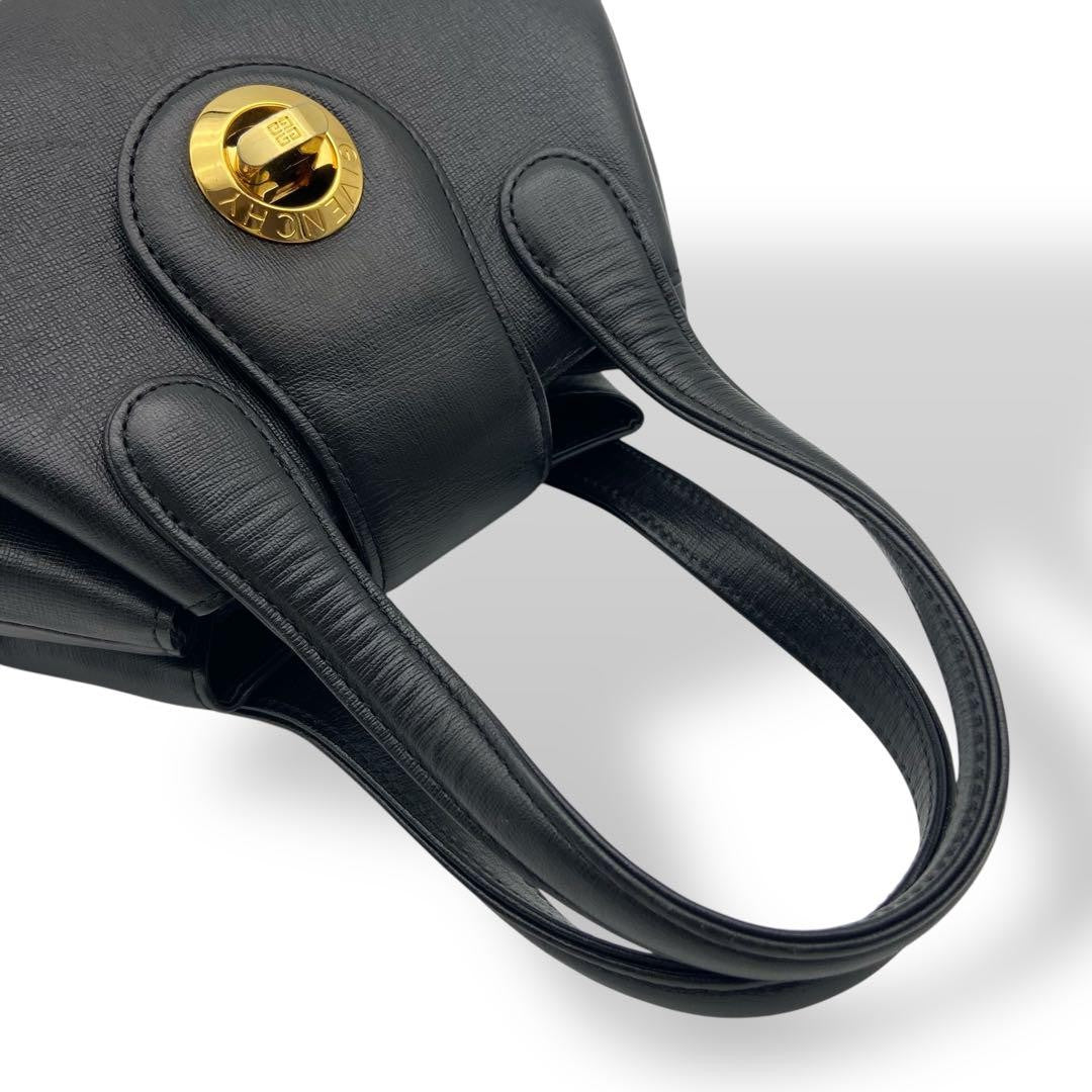 GIVENCHY Hand Bag Tote Purse Turn Lock Leather Black Authentic