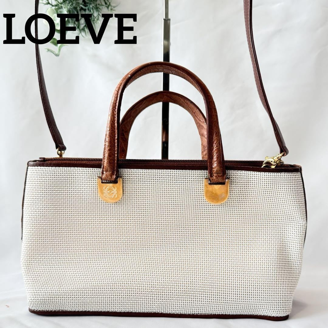 LOEWE Hand Bag Tote Purse 2way Anagram Beige Authentic