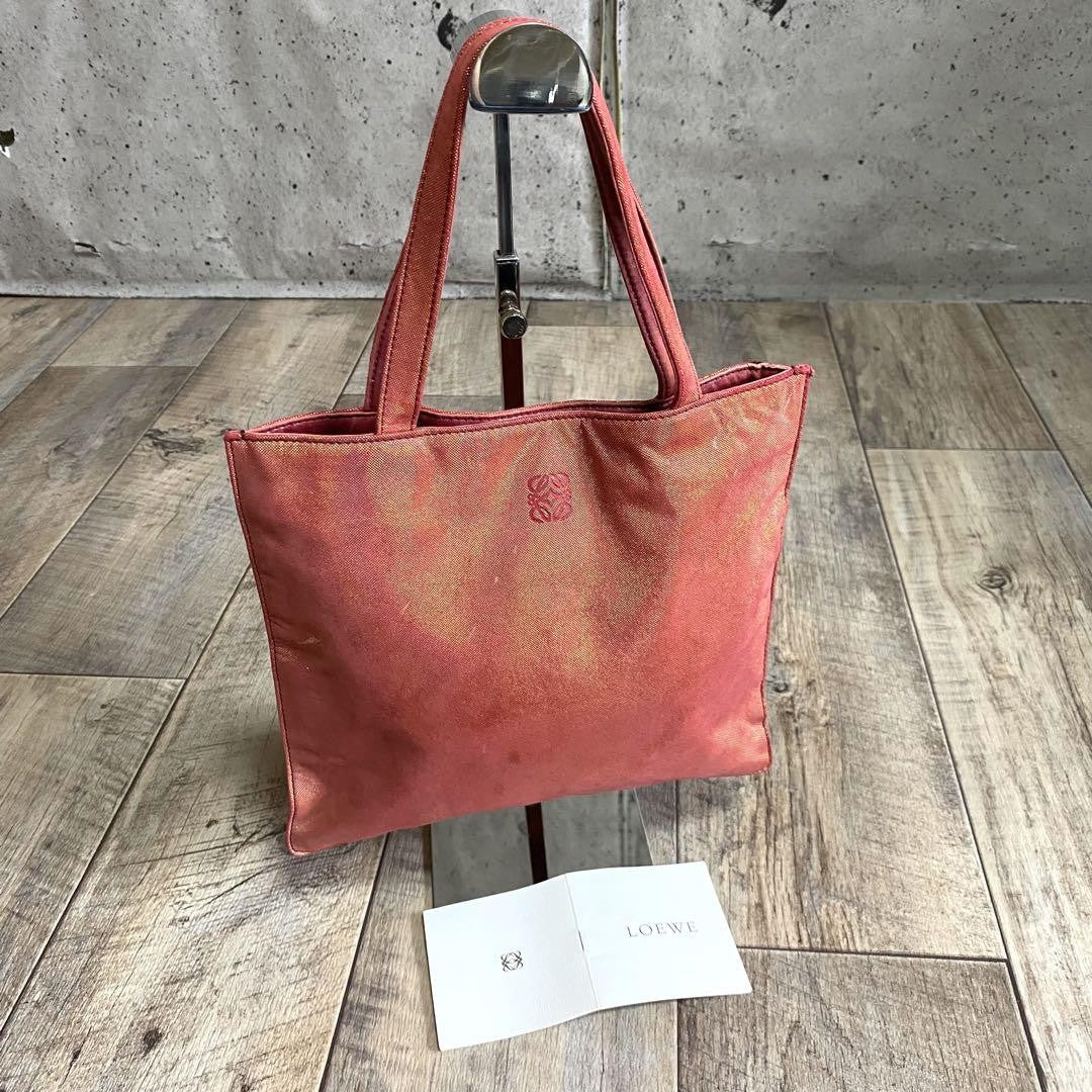 LOEWE Hand Bag Tote Purse Anagram Leather Canvas Red Orange Authentic