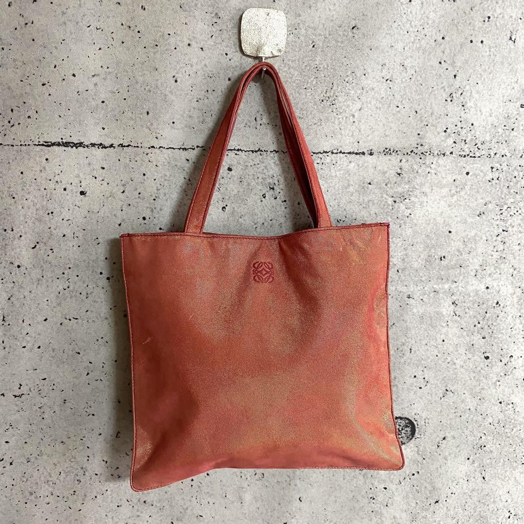 LOEWE Hand Bag Tote Purse Anagram Leather Canvas Red Orange Authentic