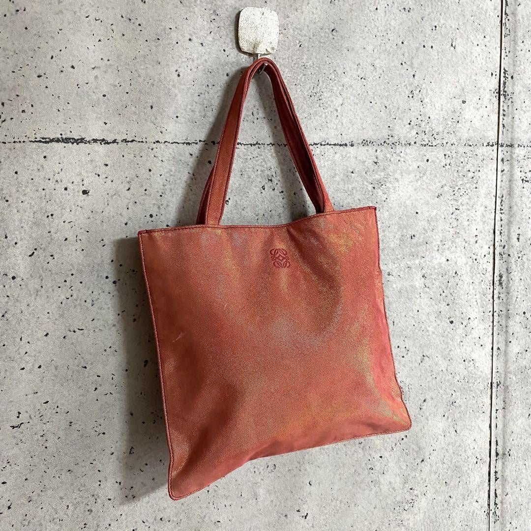 LOEWE Hand Bag Tote Purse Anagram Leather Canvas Red Orange Authentic