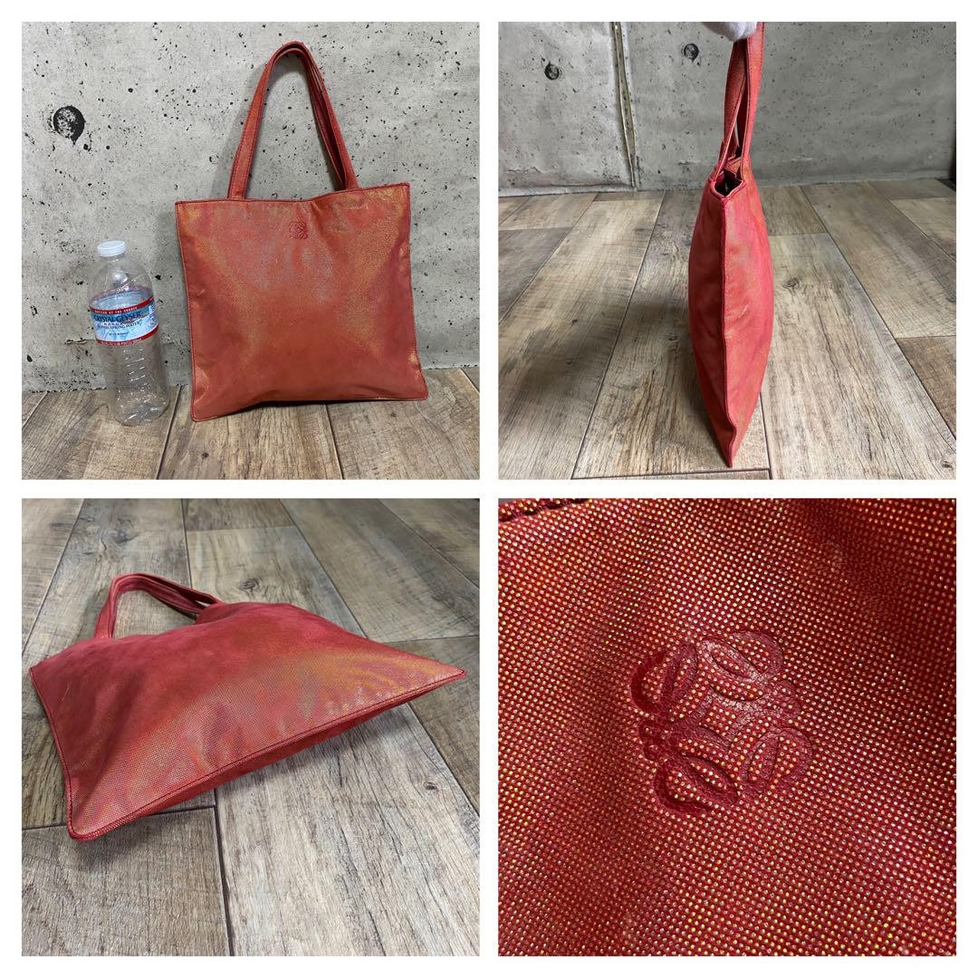 LOEWE Hand Bag Tote Purse Anagram Leather Canvas Red Orange Authentic