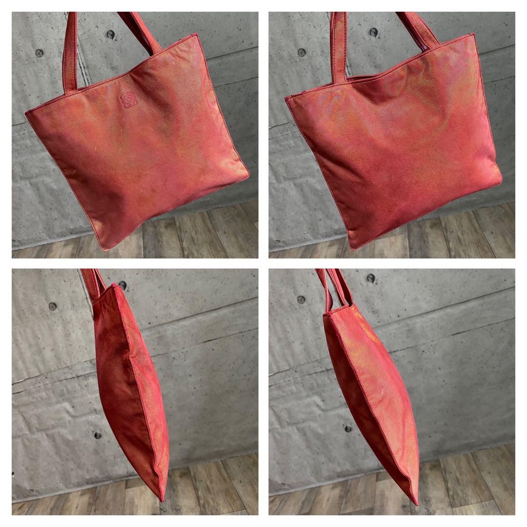LOEWE Hand Bag Tote Purse Anagram Leather Canvas Red Orange Authentic