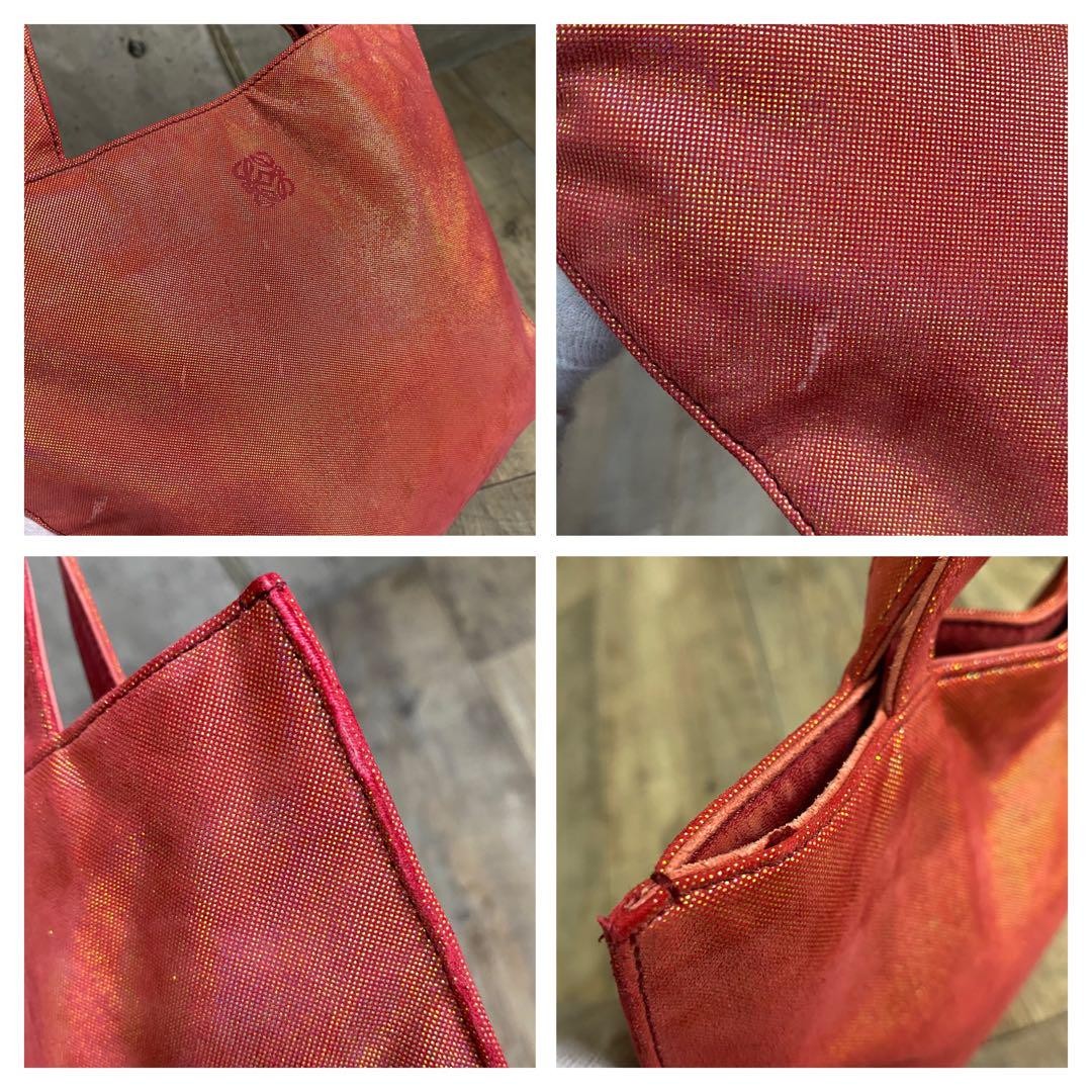 LOEWE Hand Bag Tote Purse Anagram Leather Canvas Red Orange Authentic