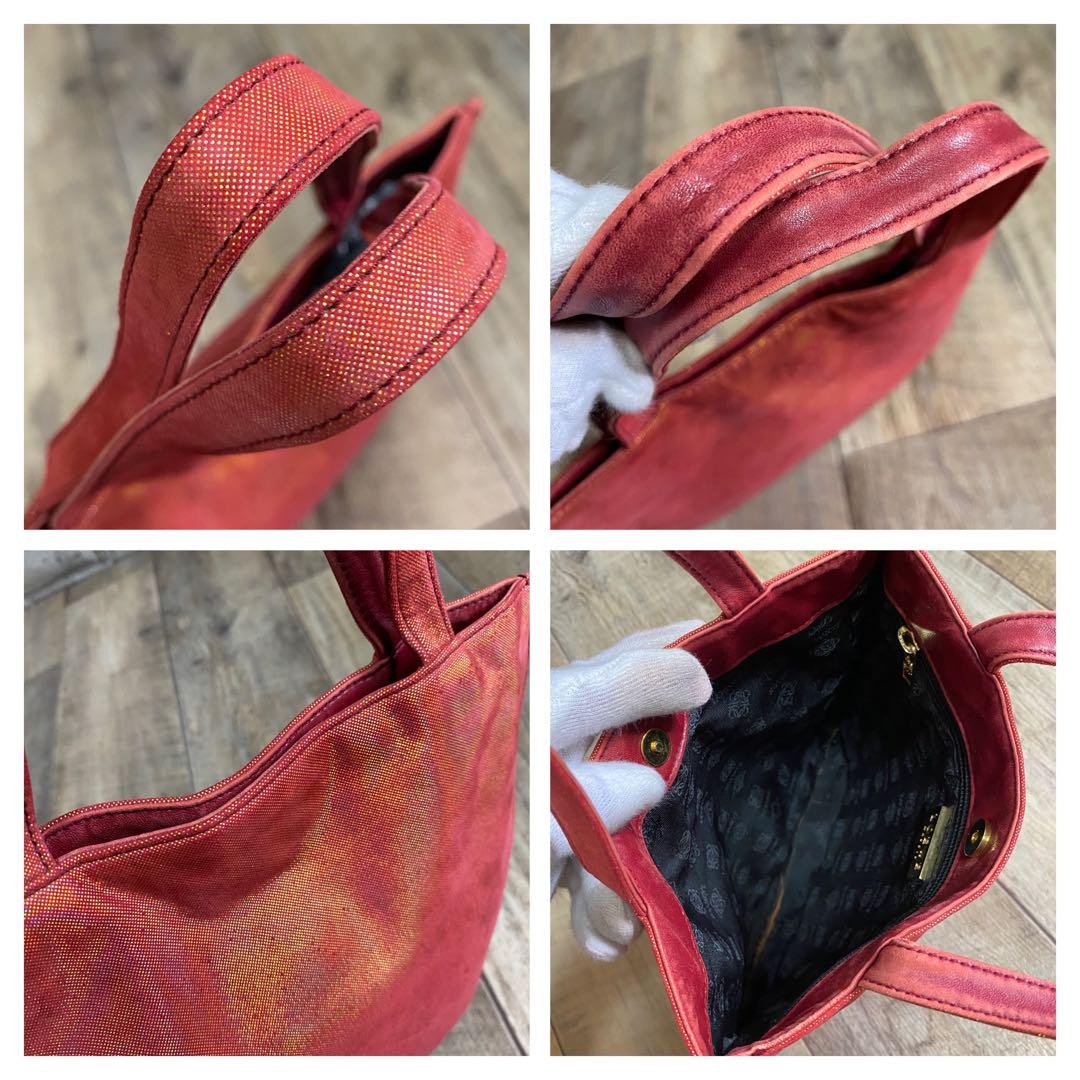 LOEWE Hand Bag Tote Purse Anagram Leather Canvas Red Orange Authentic