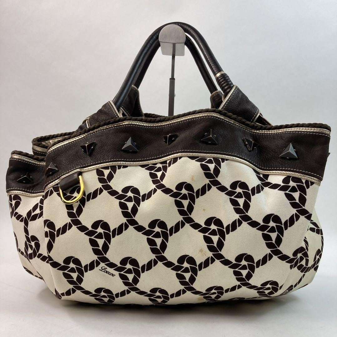 LOEWE Hand Bag Tote Purse Aire Canvas Leather Brown Off White Authentic