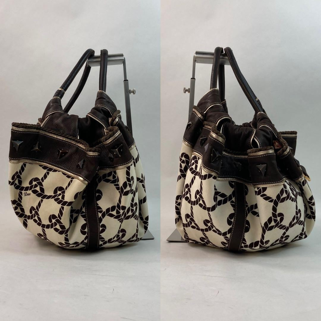 LOEWE Hand Bag Tote Purse Aire Canvas Leather Brown Off White Authentic