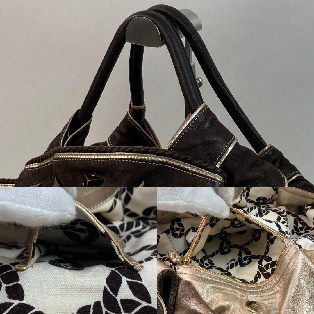 LOEWE Hand Bag Tote Purse Aire Canvas Leather Brown Off White Authentic