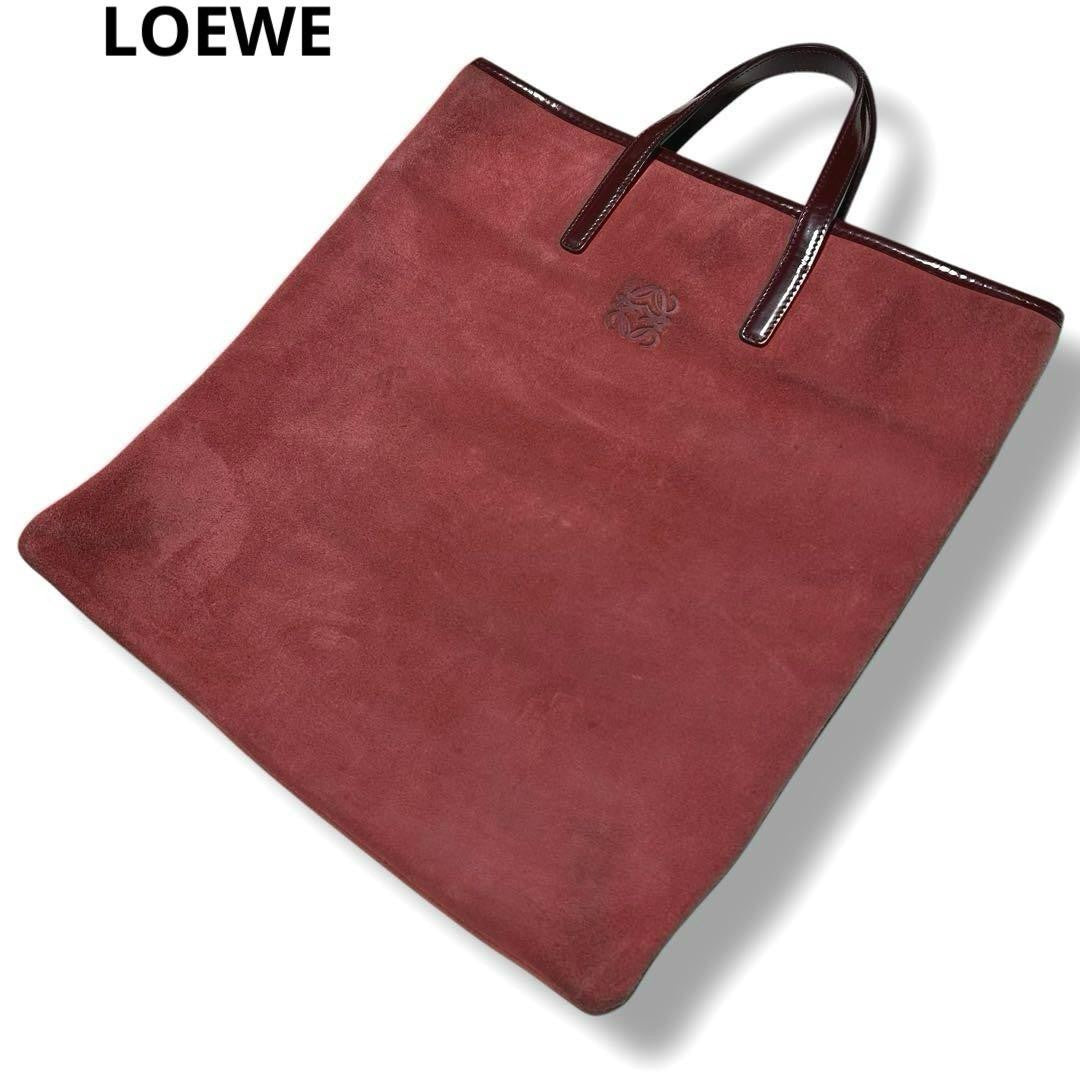 LOEWE Hand Bag Tote Purse Anagram Suede Red Authentic