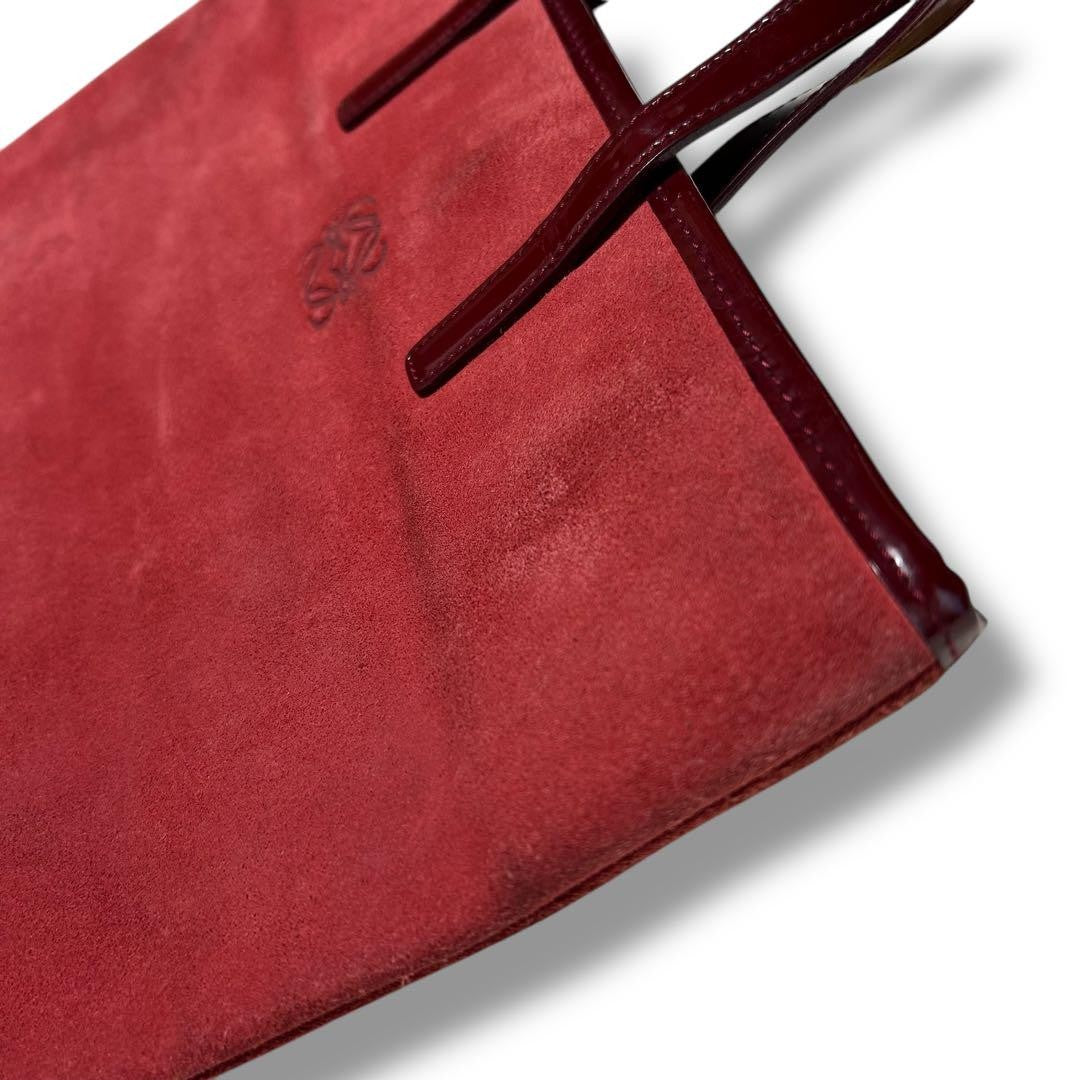 LOEWE Hand Bag Tote Purse Anagram Suede Red Authentic