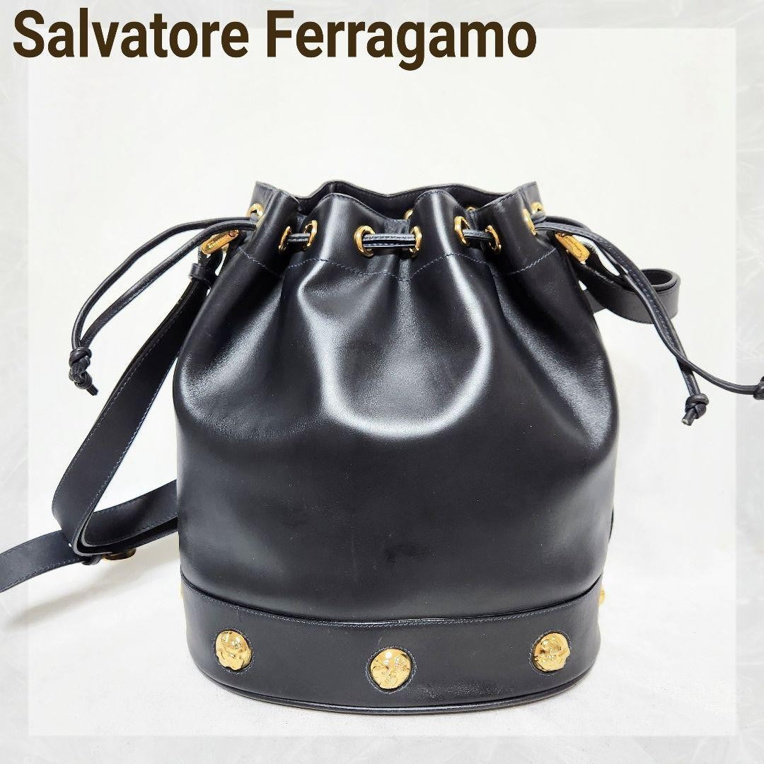 Salvatore Ferragamo shoulder bag Purse Navy Authentic Leather Drawstring type