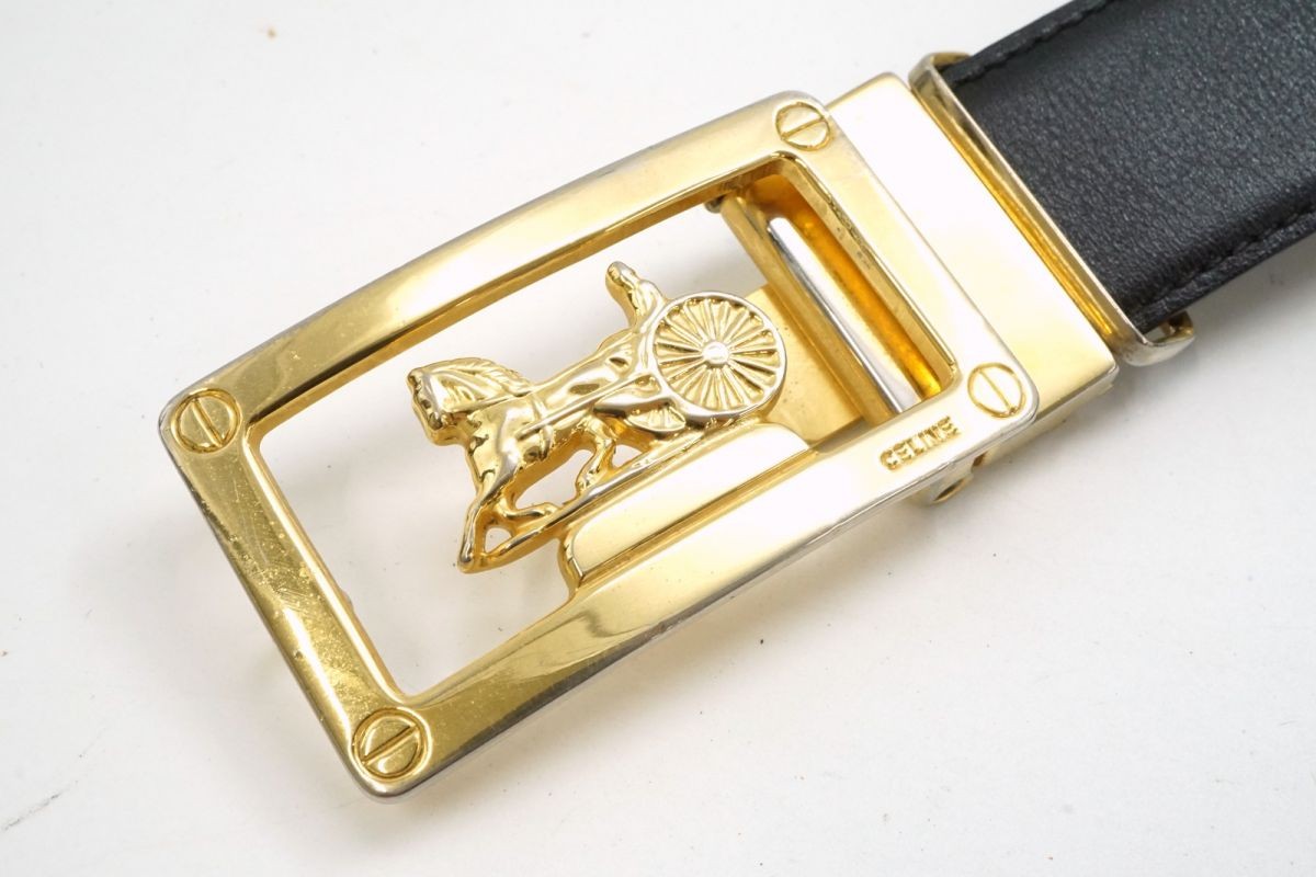 CELINE Unisex Belt Horse carriage Black Gold Leather Authentic