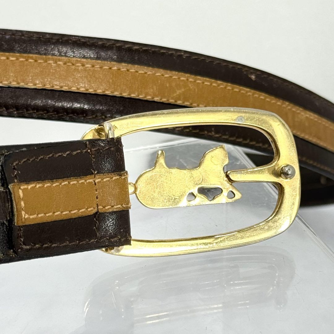 CELINE Men's Belt Horse carriage Dark Brown Camel Gold Leather Authentic