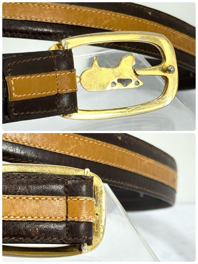 CELINE Men's Belt Horse carriage Dark Brown Camel Gold Leather Authentic