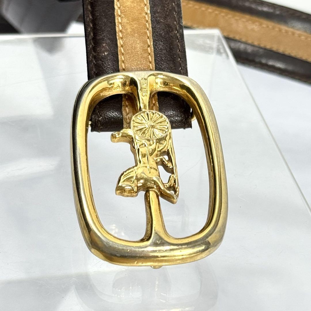 CELINE Men's Belt Horse carriage Dark Brown Camel Gold Leather Authentic