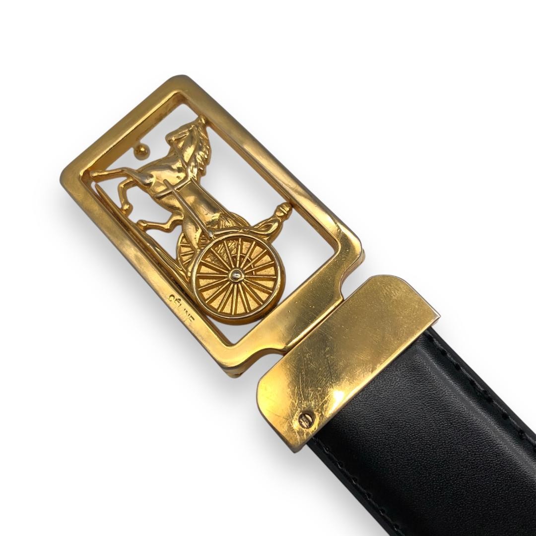 CELINE Men's Belt Horse carriage Black Brown Gold Leather Authentic
