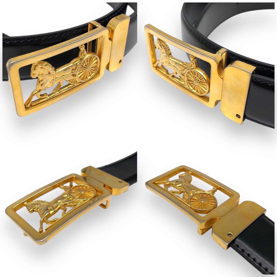 CELINE Men's Belt Horse carriage Black Brown Gold Leather Authentic