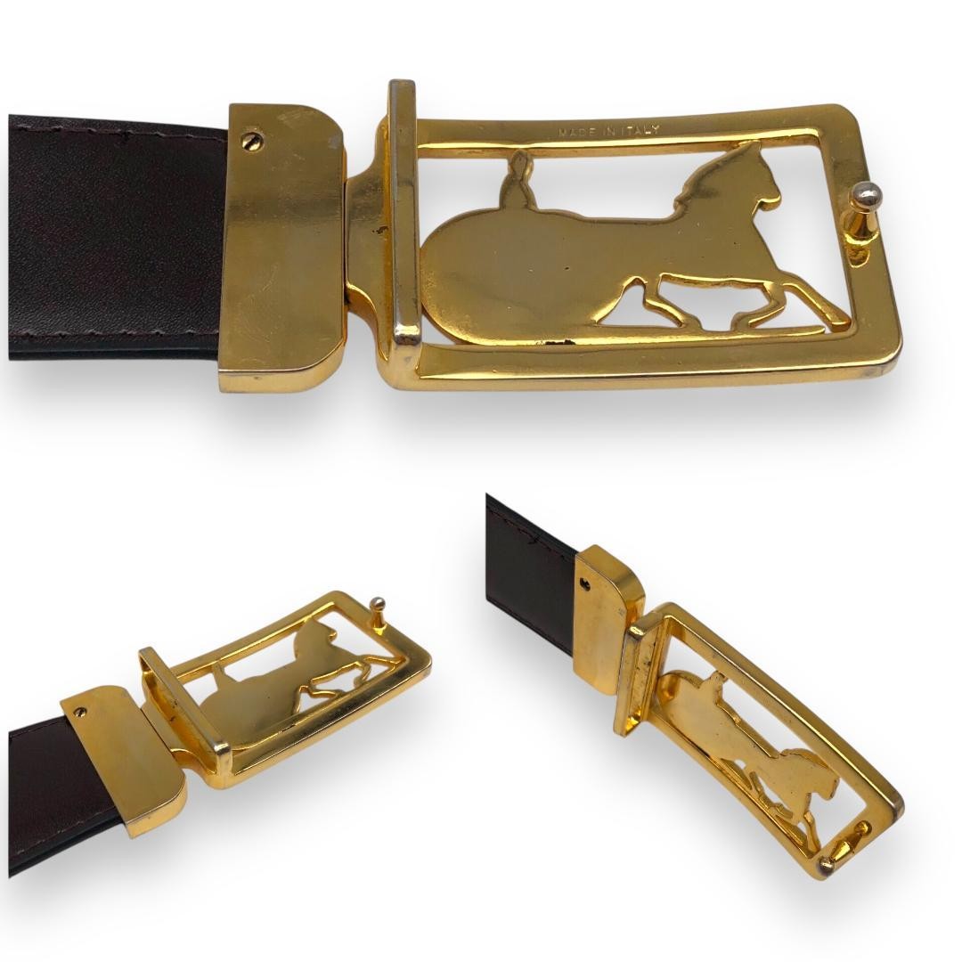CELINE Men's Belt Horse carriage Black Brown Gold Leather Authentic
