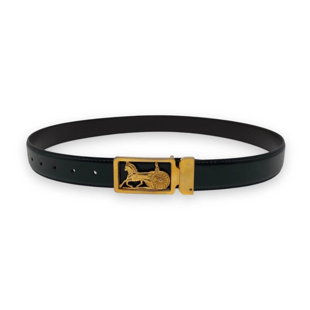 CELINE Men's Belt Horse carriage Black Brown Gold Leather Authentic